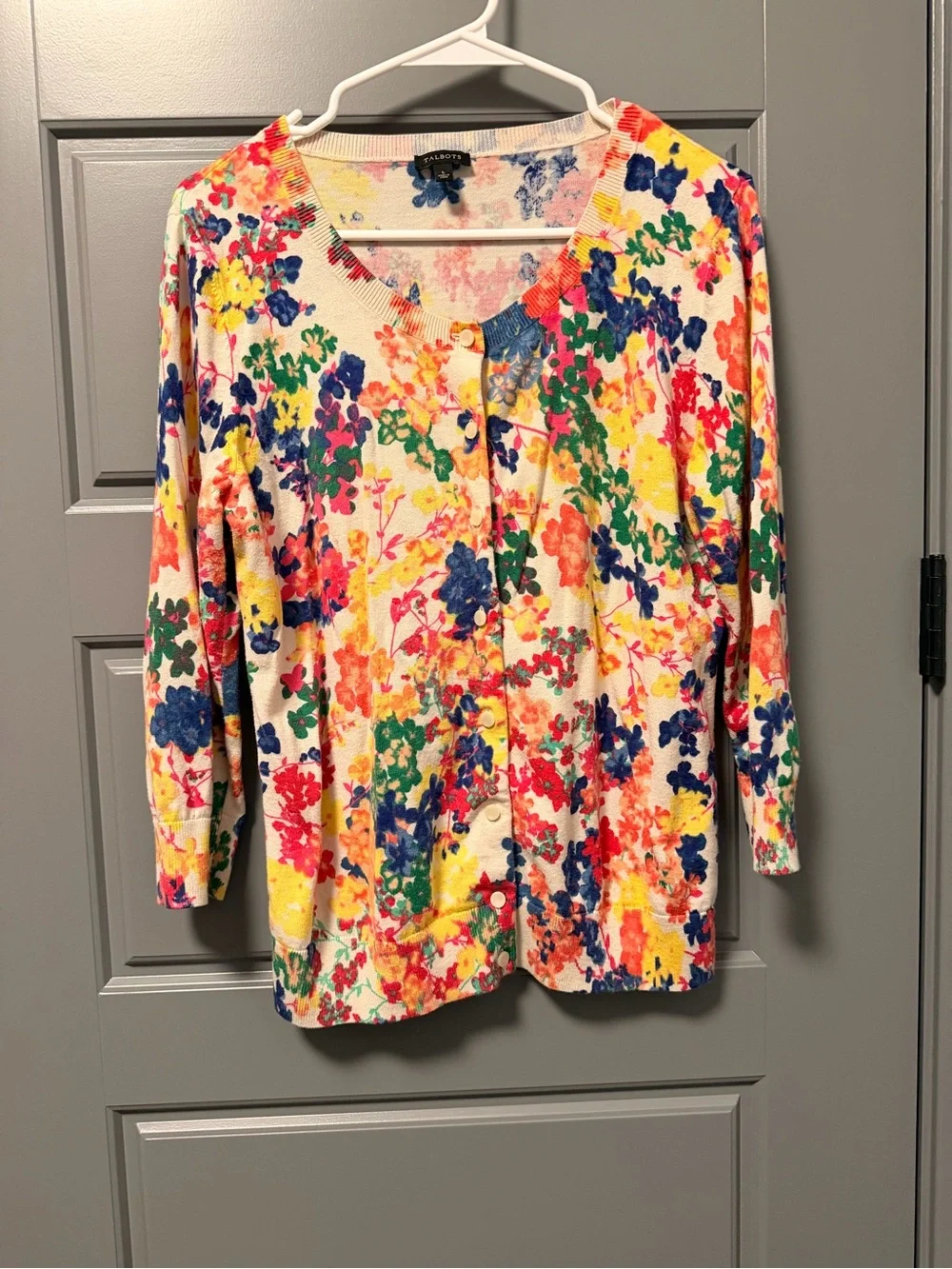 Talbots Multicolor Floral Button-Front 3/4 Sleeve Cardigan LARGE